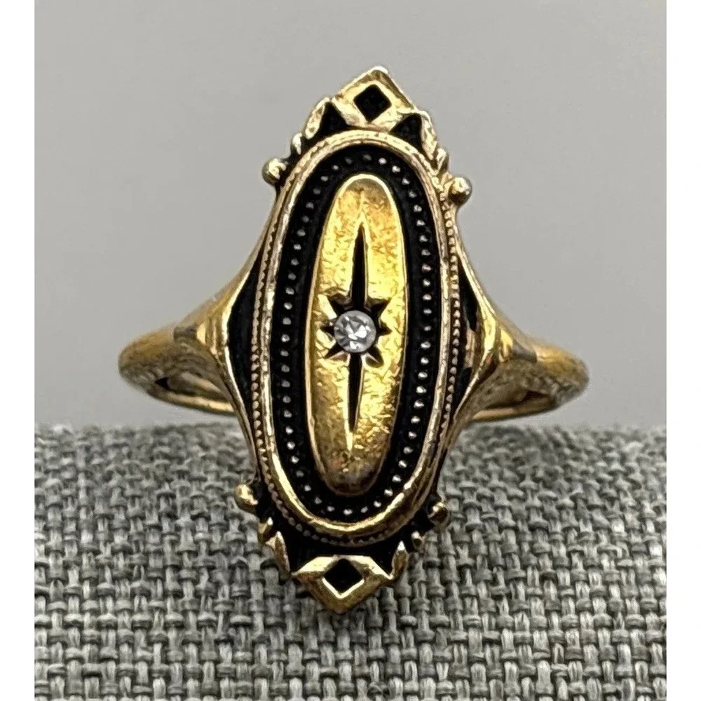 VTG Avon Kensington Art Deco Style Black Enamel Crystal Star Ring Gold Tone Sz 7